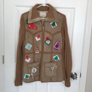 Christmas Vintage Upcycle Suede Ugly Sweater Ornaments Patchwork Jacket Sz 16/18
